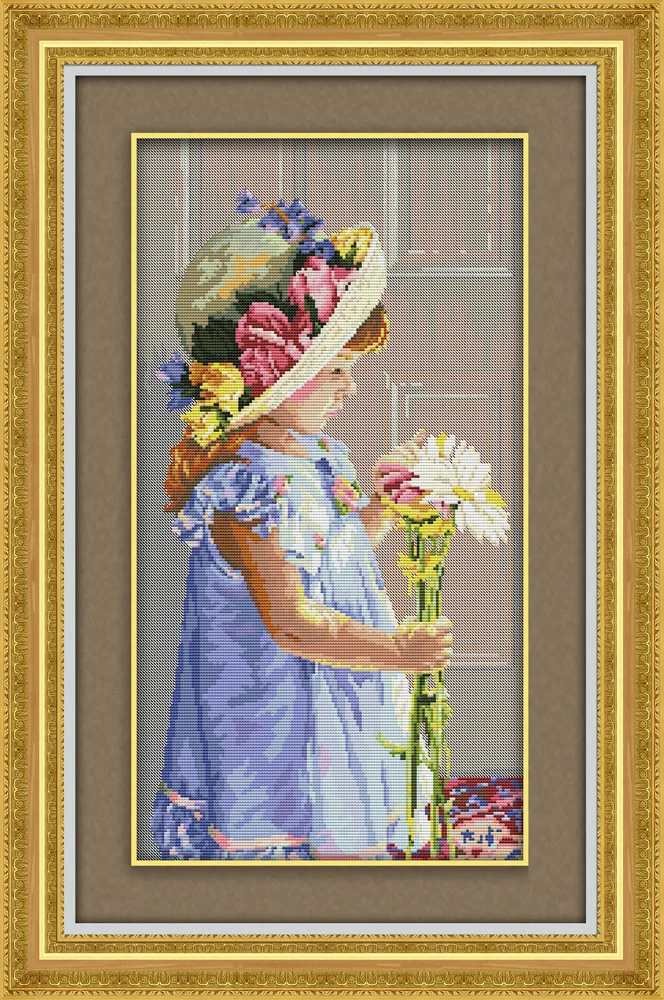 

The girl Caresses chrysanthemum Printed Canvas DMC Counted Cross Stitch Kits printed Cross-stitch set Embroidery Needlework