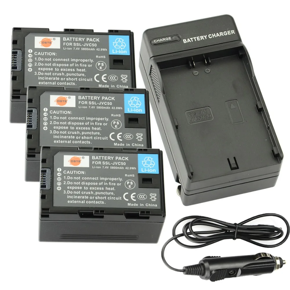 DSTE 3PCS SSL JVC50 Battery + Travel and Car Charger for JVC HM600/650