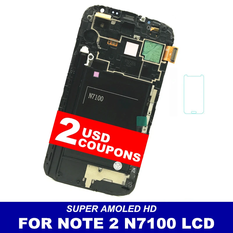 Super AMOLED HD Phone LCDS For Samsung Galaxy Note 2 Note2 N7100 LCD Touch Digitizer Screen Assembly Frame Display Free Glass