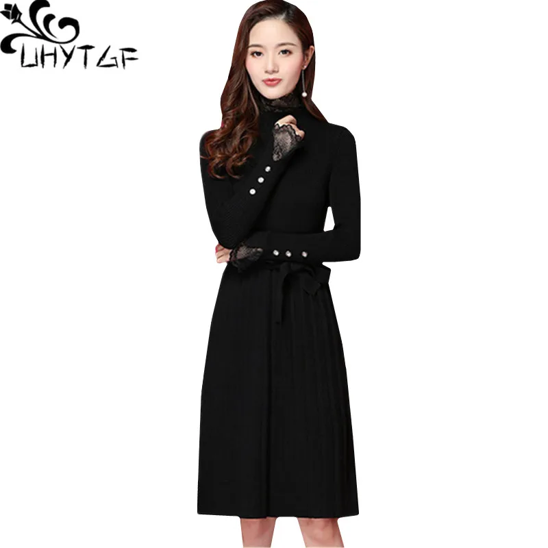 

UHYTGF 2019 plus size noble Knitted sweater dress women Inside plus velvet warm Long dress autumn winter sweater dress female171
