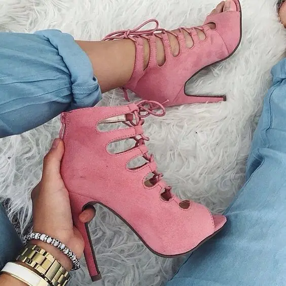 pink suede lace up heels