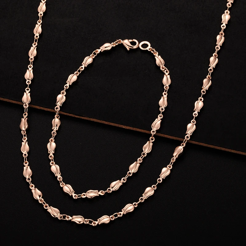 

2 Style Fashion Mens Womens 585 Rose Gold Color Curb Link Plant Curb Herringbone Necklace Bracelet Jewelry Sets