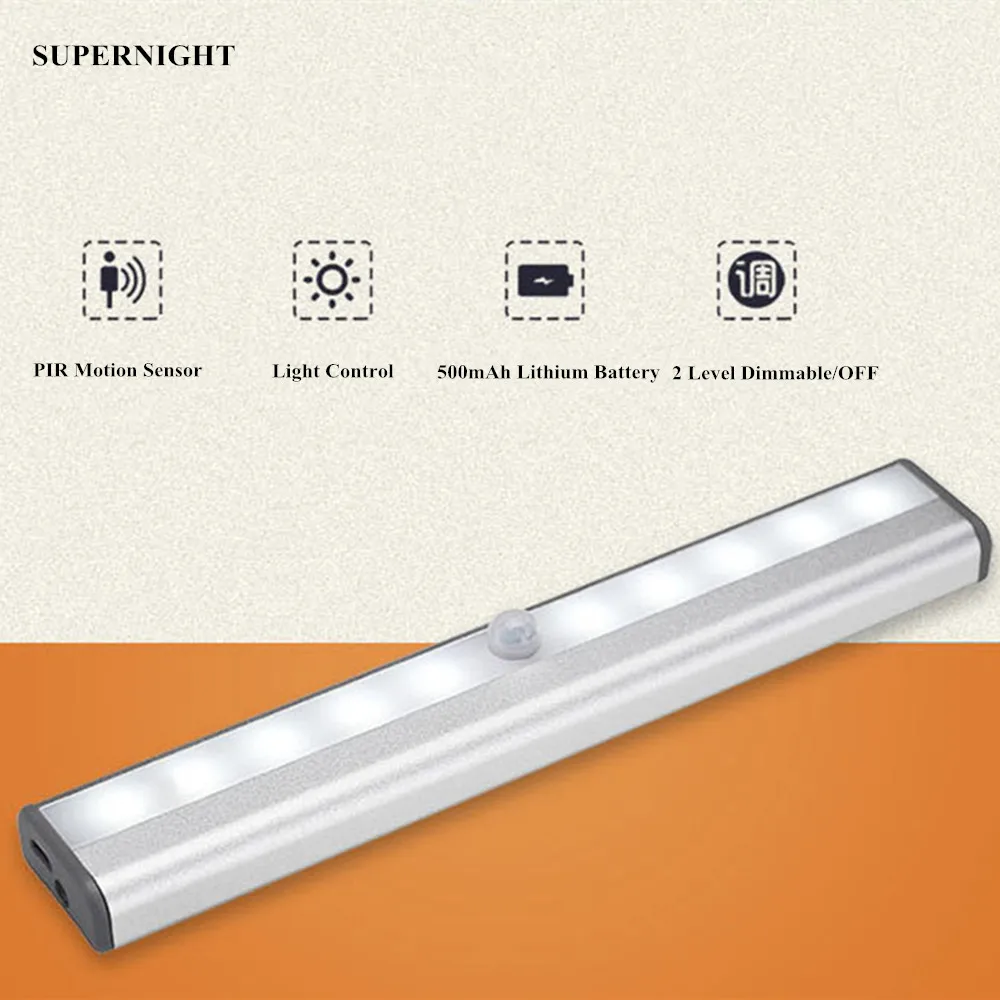 

SuperNight USB LED Cabinet Light PIR Motion Sensor Night Lamp Human Boby Induction Light Control Wardrobe Closet Aisle Wall Lamp