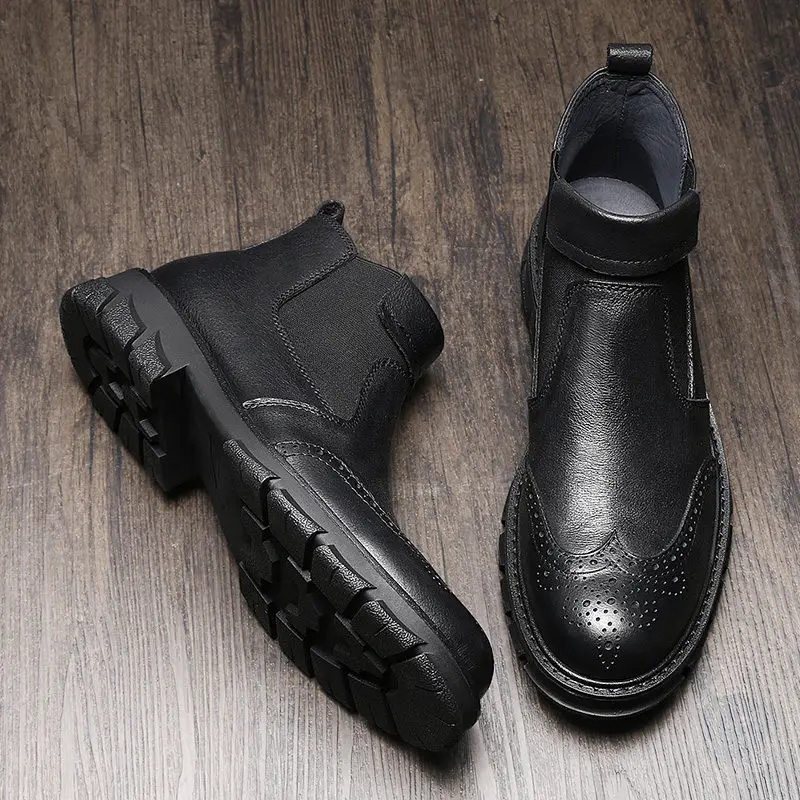 Hight End/мужские ажурные ботильоны; ботинки «Челси» из натуральной кожи без застежки; зимняя обувь на толстом каблуке для мальчиков и студентов - Цвет: Black