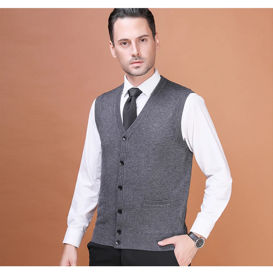 

2018 New Casual Men's Wool Sweater Cardigan Sleeveless Buttons Down Basic Knit Vest Fashion V-Neck Man Sweaters