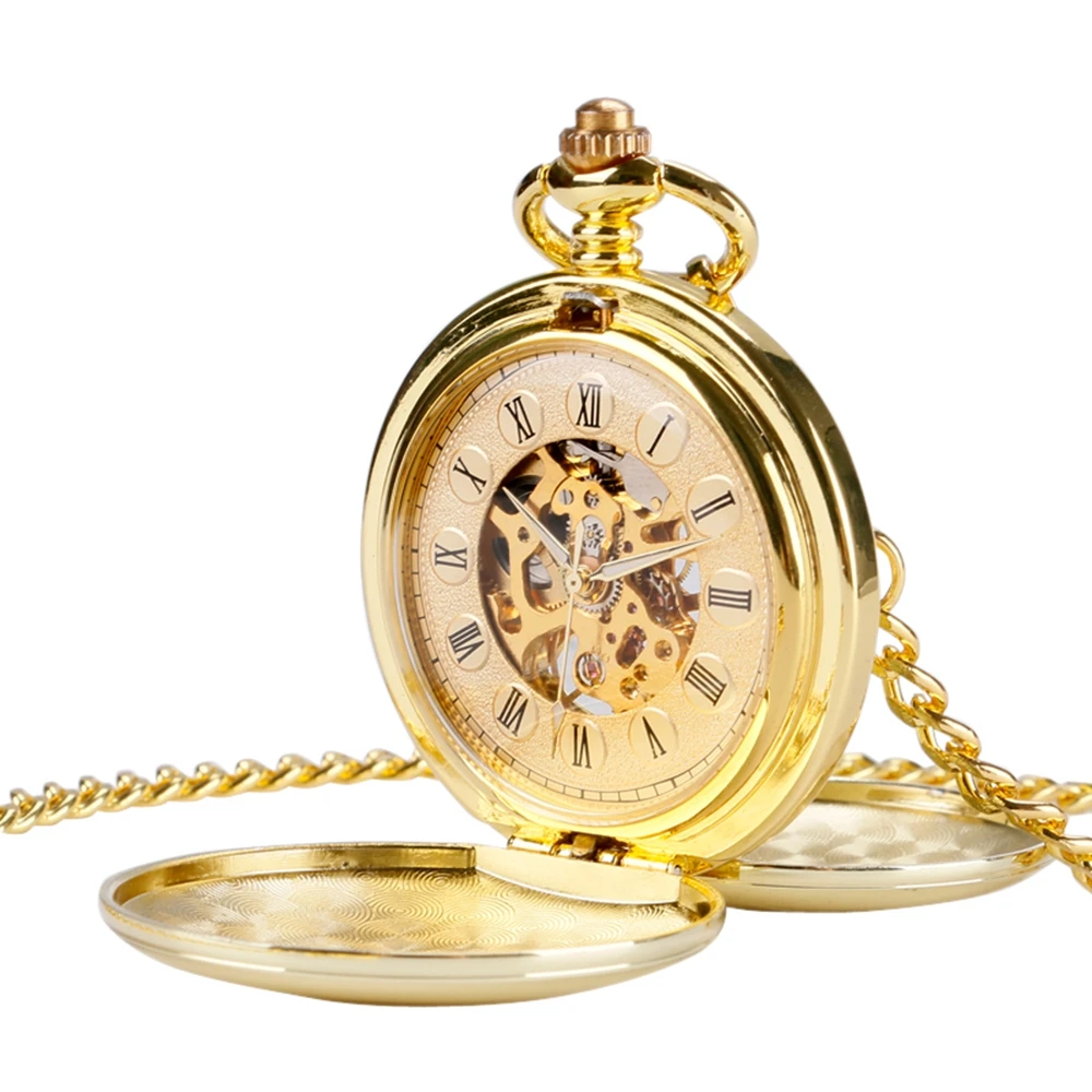 Бронзовый стимпанк ручной Ветер Механические карманные часы золотой Гладкий Скелет двойной Полный Охотник чехол римские цифры для мужчин и женщин Подарки