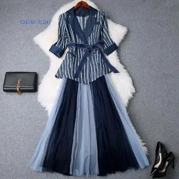 

2019 spring and summer women's new striped waist small suit + elastic waist color matching mesh skirt suitT3474-76