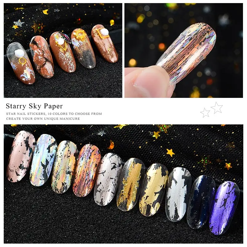 Rose Gold Holographic Nail Foils Starry Sky Glitter Nail Stickers Decals Art Transfer Stickers Gold Laser Paper Nail Art Tips