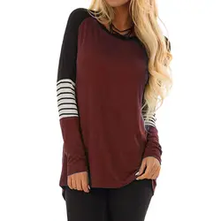 Пуловер с длинным рукавом локоть полосатый Повседневный модный студенческий вырез лодочкой женская футболка цвета сшивание Сращивание