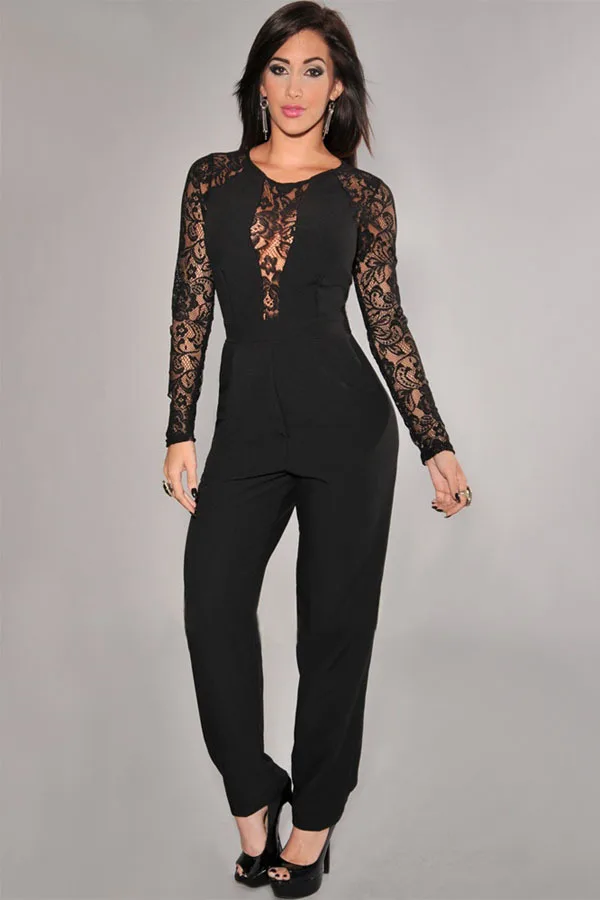 Black Lace Accent Clubwear High waist Jumpsuit Free Shipping LZY6628 ...