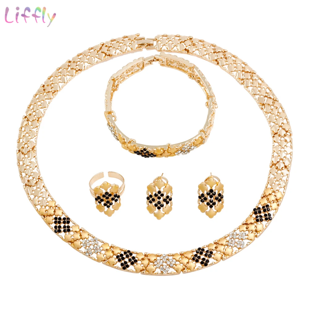 

Liffly Hot Sale Personality Jewelry Sets Black Crystal Embellishment Necklace Bracelet Earrings Luxury Wedding Jewelry Gift