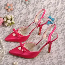 Пользовательские Ручной Slingback Каблуки Женщины Свадебные Сандалии Атласные Острыми Носами Фуксия Челнока