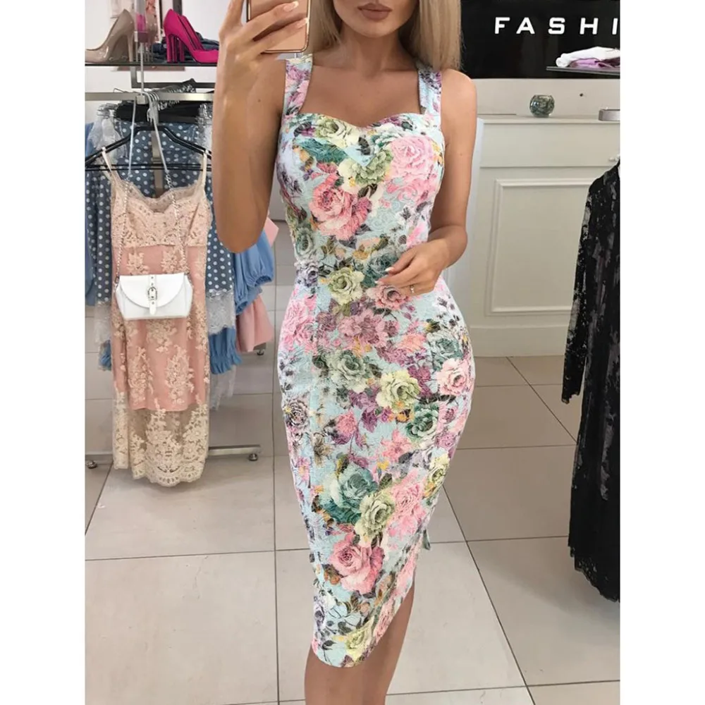 

Women Sexy Bodycon Party Dresses Summer Floral Print Backless Slim Dress Elegant Ladies Midi Dress