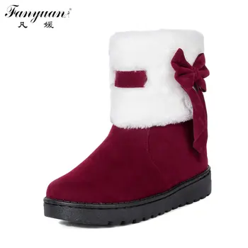 

2017 Preppy Chic Style Warm Plush Winter Shoes for Women Slip-On with Bowtie Decoration Round Toe Female Ankle Snow Boots