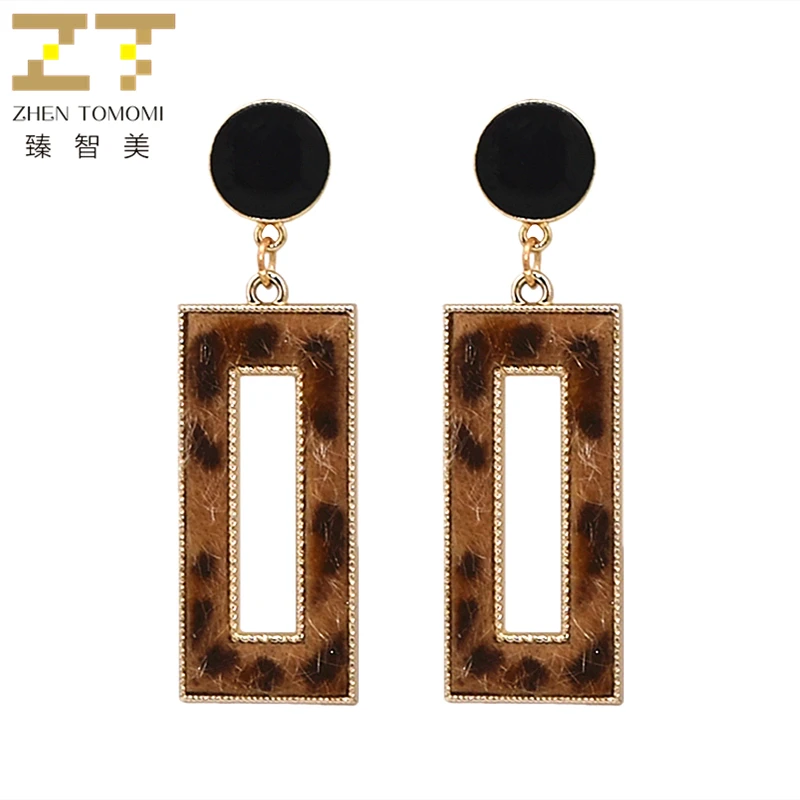 

Hot Women's Fashion Black Geometric Round Earrings Leopard Print Plush Fabric Hollow Rectangular Drop Earrings For Women Jewelry