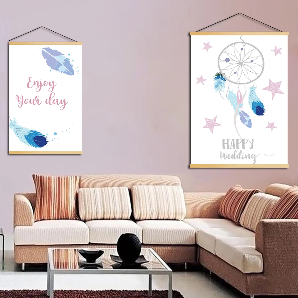 

Canvas Pictures Home Decor Feathers Deer Catch Dream Catcher Poster Wall Art Wooden Scroll Hanging Painting Bedside Background