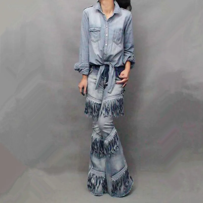 

Fashion personality big horn denim trousers gradient tassel shuimo motorcycle jeans