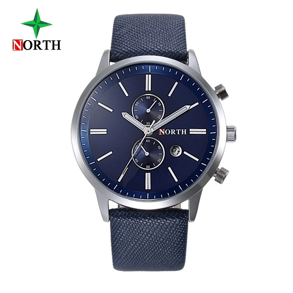 NORTH бренд мужские часы бизнес спорт мужской наручные часы синий кожаный уникальный случайный кварцевые часы для человека водонепроницаемый - Цвет: Синий