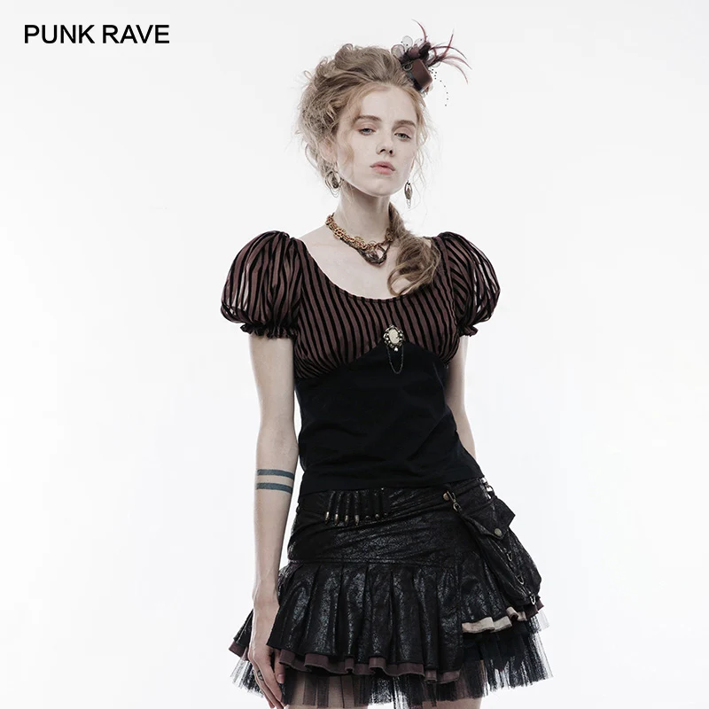

PUNK RAVE Women's Steampunk Stripe Colorblock Cotton Puff Sleeve T-shirt with Detachable Brooch Gothic Party Club Tops Tees