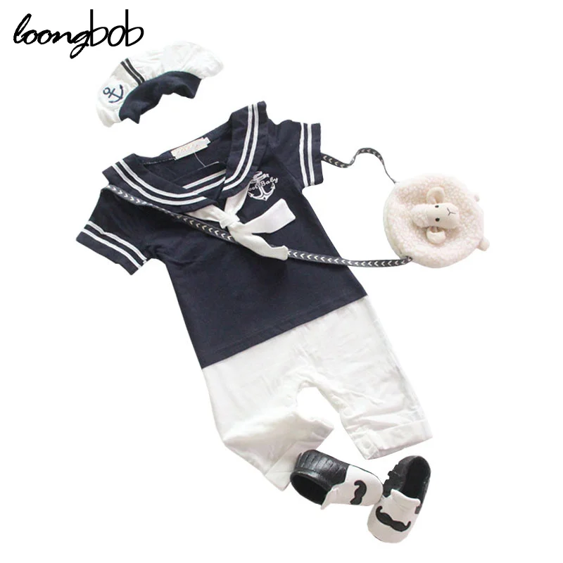 2016 New Arrival Baby Boys Sailor Style Romper Hat Blue Cotton New Born Baby Clothes Infant