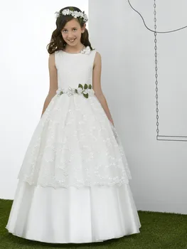 

New White Holy Girls First Communion Dresses Ball Gowns Lace Satin O Neck Flower Girl Dresses for Wedding Custom Made