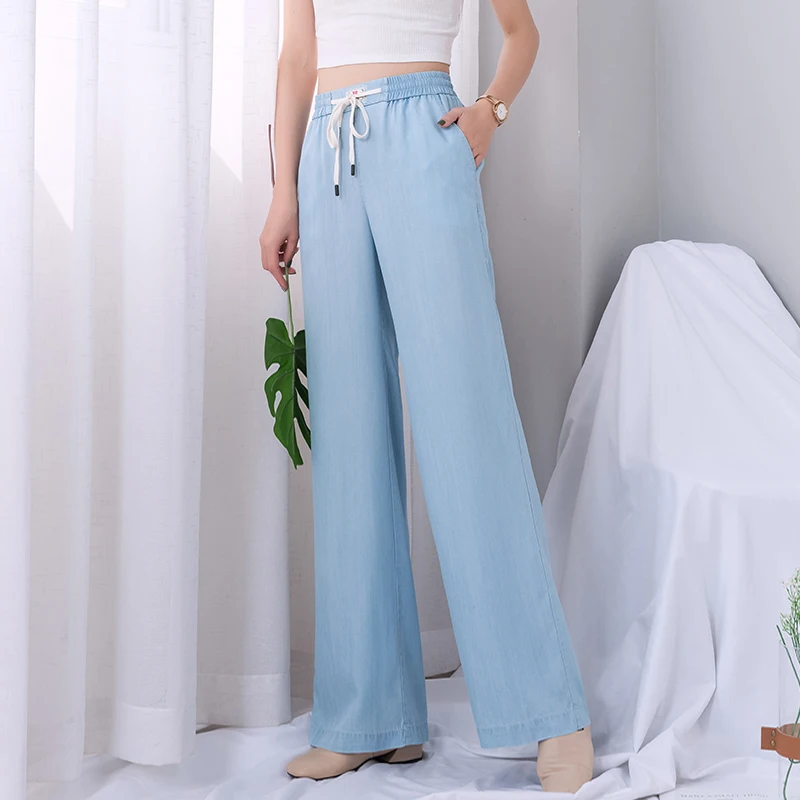 Джинсовая ткань, Tencel джинсы Широкие брюки женские синие летние 2019 эластичные с высокой талией повседневные свободные джинсы бойфренды