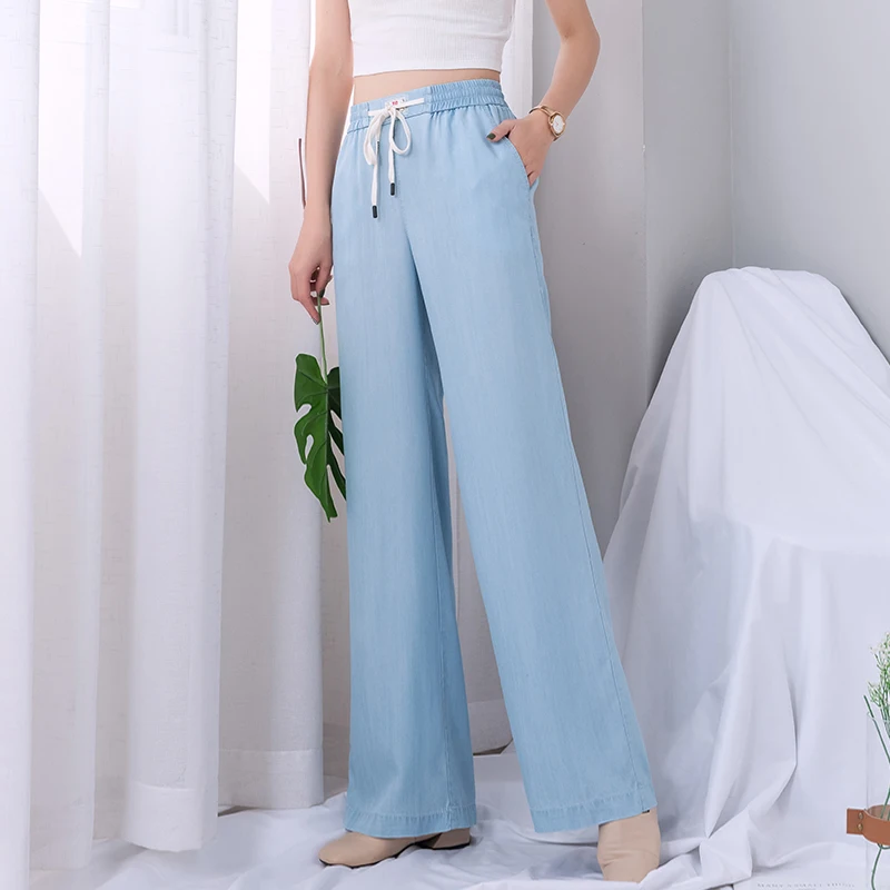 Tencel джинсы широкие брюки женские синие летние 2019 эластичные высокая талия