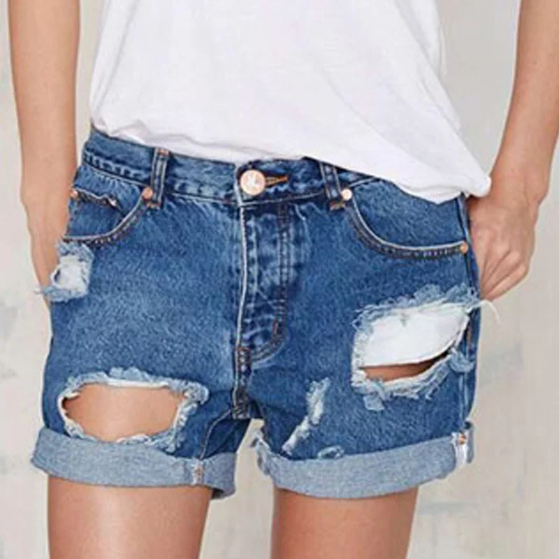 Individuality summer loose big holes boyfriend denim shorts Low waist