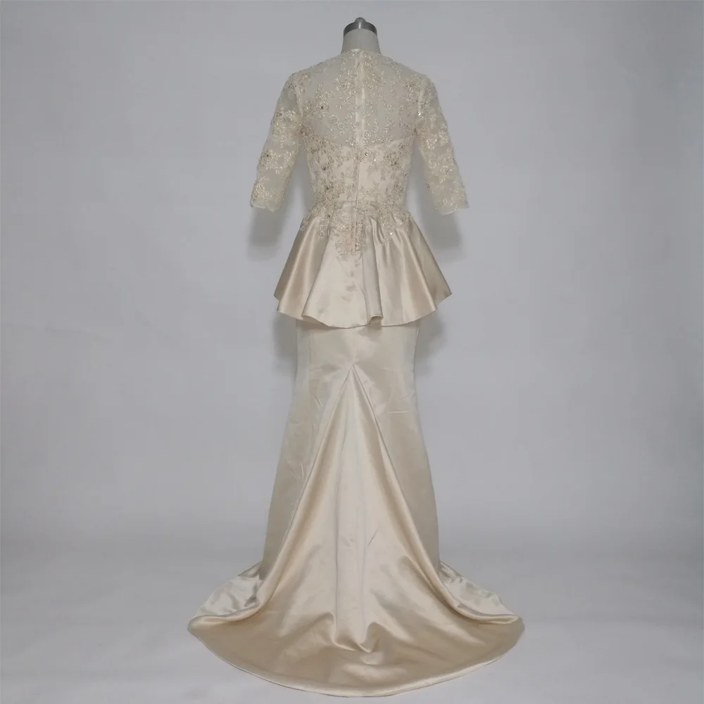E JUE SHUNG цвета шампанского, винтажное кружевное длинное платье русалки для матери невесты, вечерние платья с баской и рукавами до локтя, robe de soiree