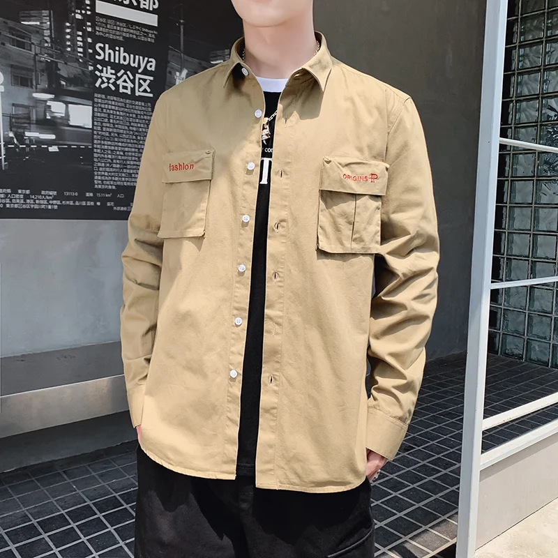 

mens shirts long sleeve cotton casual shirt turn-down collar text embroidered pocket cargo shirts white black khaki size M-3xl