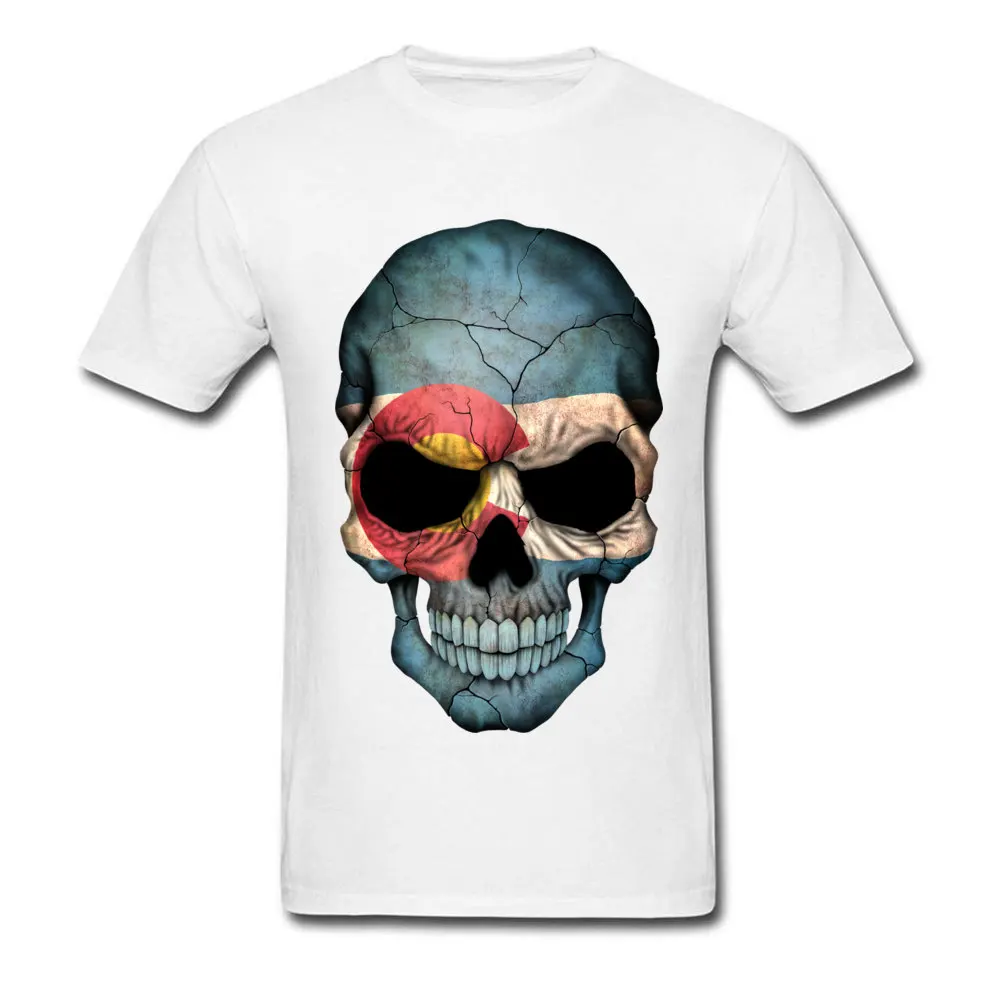 100% Cotton Men Short Sleeve Colorado Flag Skull Top T-shirts Summer Tops Tees Funky Printing Crew Neck Tees Wholesale Colorado Flag Skull white