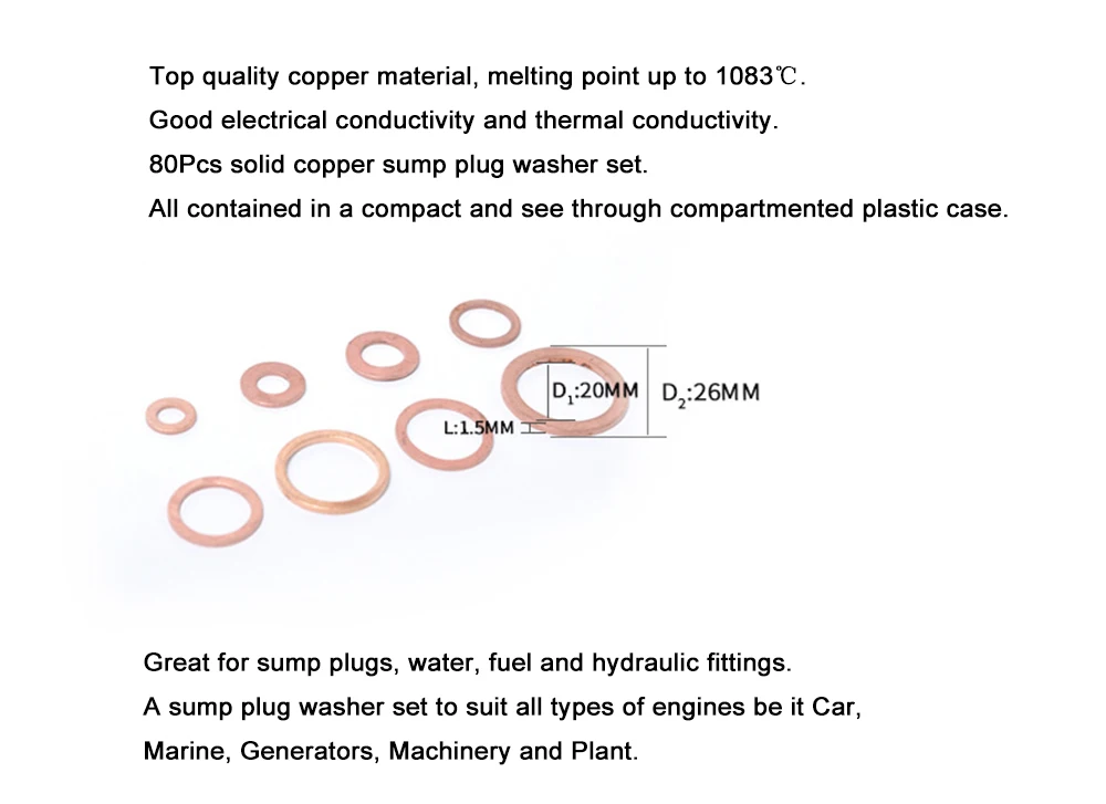 80 шт., 8 размеров, медные шайбы, отстойная вилка, ассортимент, Набор Шайб, пластиковая коробка, профессиональное оборудование, авто аксессуары