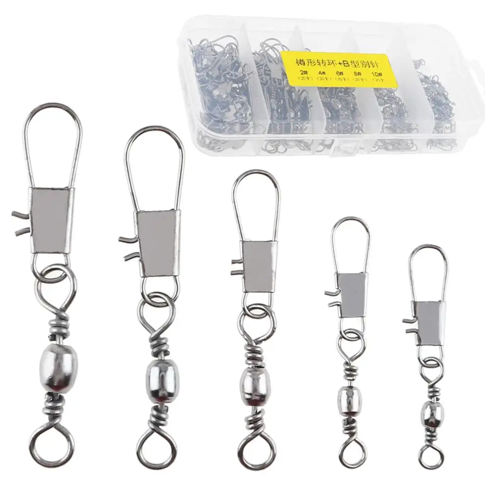 

100pcs Stainless Steel Fishing Swivel Snap Ball Bearing Lock Rolling Swivel Solid Rings Fishing Hook Pin Connector with Box