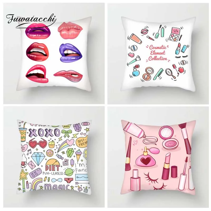 

Fuwatacchi Cute Makeup Style Cushion Cover Lips Lipstick High Heels Printed Pillow Cover Girls Decorative Pillows For Sofa Car