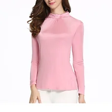 Женская Весенняя водолазка большого размера с длинными оборками 96% шелковые тонкие футболки женские осенние с запахом облегающие шелковые топы женские шелковые футболки