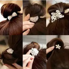2017 New Korean Star Pearl Women Hair Bands Crystal Rhinestone Flower Ponytail Holder Hair Rope