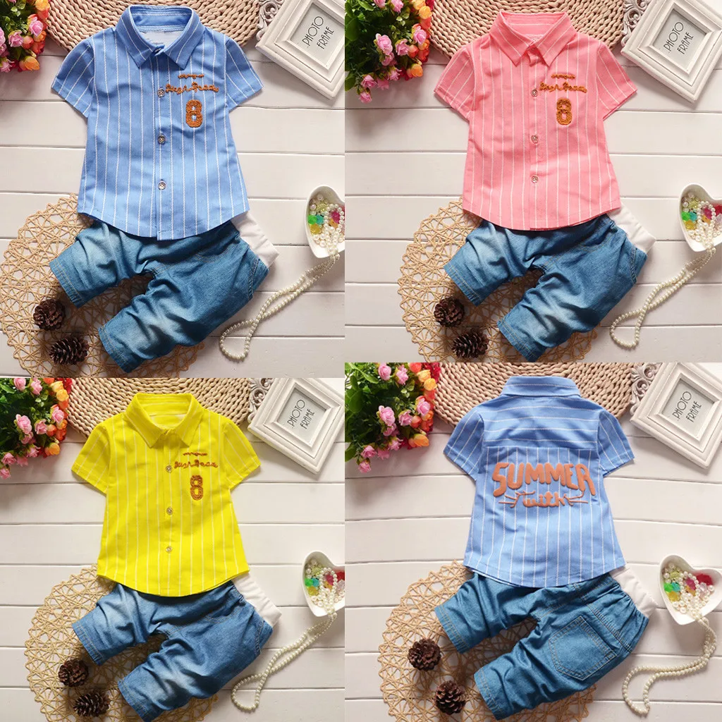 

Kids Boys Clothes Set Toddler Children Letter Stripe T shirt Tops Jeans Pants 2PC kit Outfit Wholesale tracksuit kinderkleding