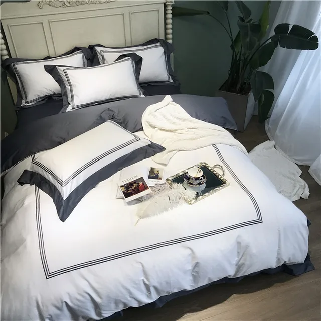 White Gray Egyptian Cotton Duvet Cover Bed Sheet Set Embroidery 4pcs White Gray Egyptian Cotton Duvet Cover Bed Sheet Set Embroidery 4pcs Queen King Size Hotel Bedding Sets Parure De Lit