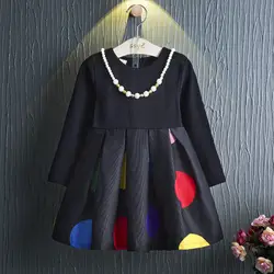 Обувь для девочек Корейский индивидуальные детская одежда в горошек Платье с поясом осень дети черный шить Детское платье с Цепочки и