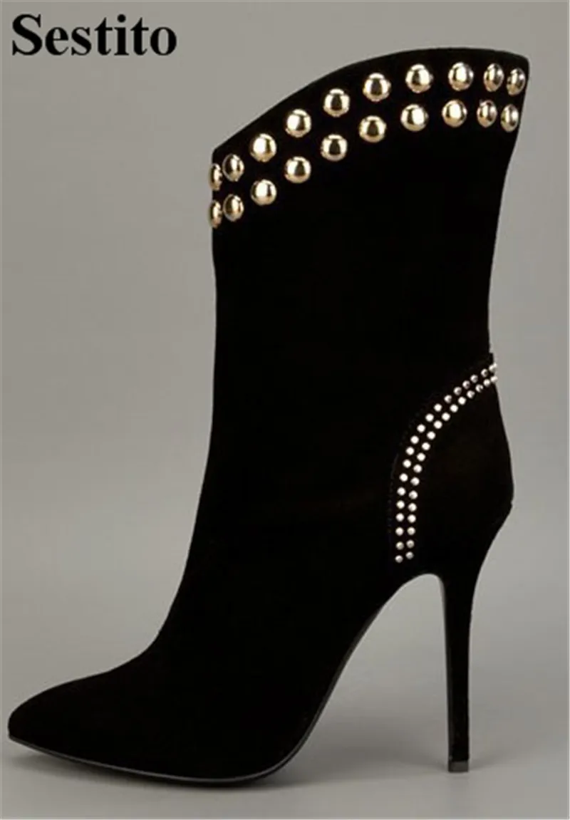 

Fashion Rivet Black Flock Woman Boots Pointed Toe Super High Heel Ankle Boots For Women Thin Heels Zip Women Shoes Spring/Autumn