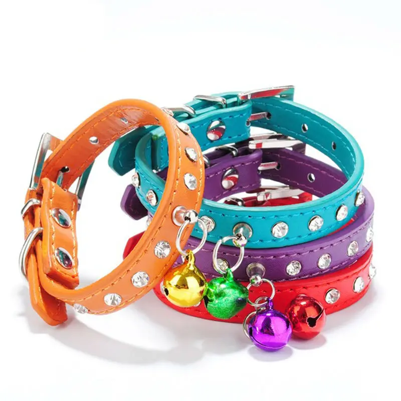 

KIYUE Colorful Rainbow Pet Collar With Bells Rhinestone Small Cats Supplies Dog Collar Smooth Traction Rope Collar For Small Dog