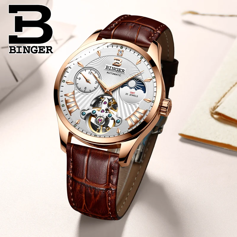 Часы Montre homme Switzerland BINGER Роскошные мужские часы с автоматическим турбийоном