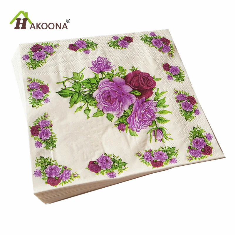 

HAKOONA Purple Floral Pattern Printed Paper Napkins Disposable Napkin Portable 3 Bags Wedding Party Table Decoration