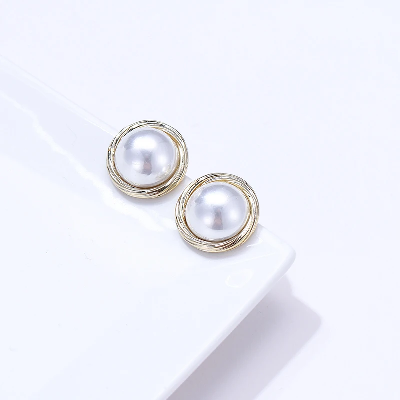 Yhpup Stylish Copper Round Geometric Stud Earrings Imitation Shell Pearls Vintage Oorbellen Female Party Jewelry S925 Brincos