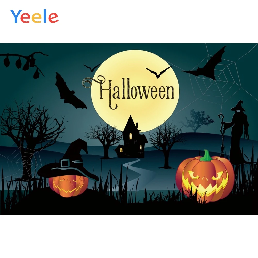 Yeele Halloween Night Moon Witch Pumpkin Lantern Bat Photography Backgrounds Customized Photographic Backdrops for Photo Studio |