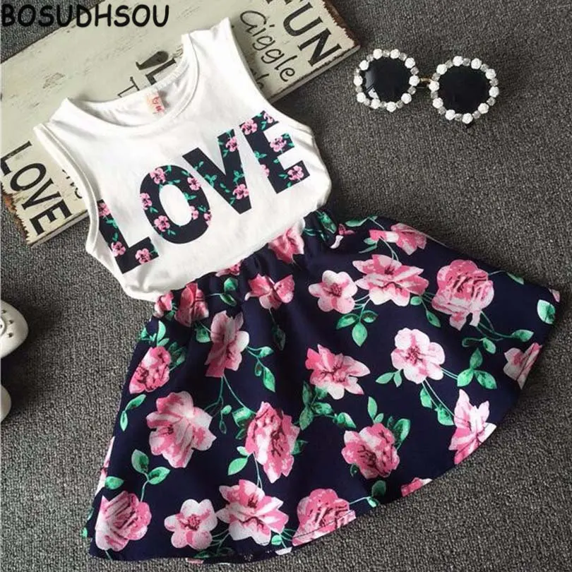 

Bosudhsou HH-24 Fashion Outfits Sets 2 Pcs Kids Girl Sleeveless Cotton T Shirts Tops + Skirts Children Clothing Sets