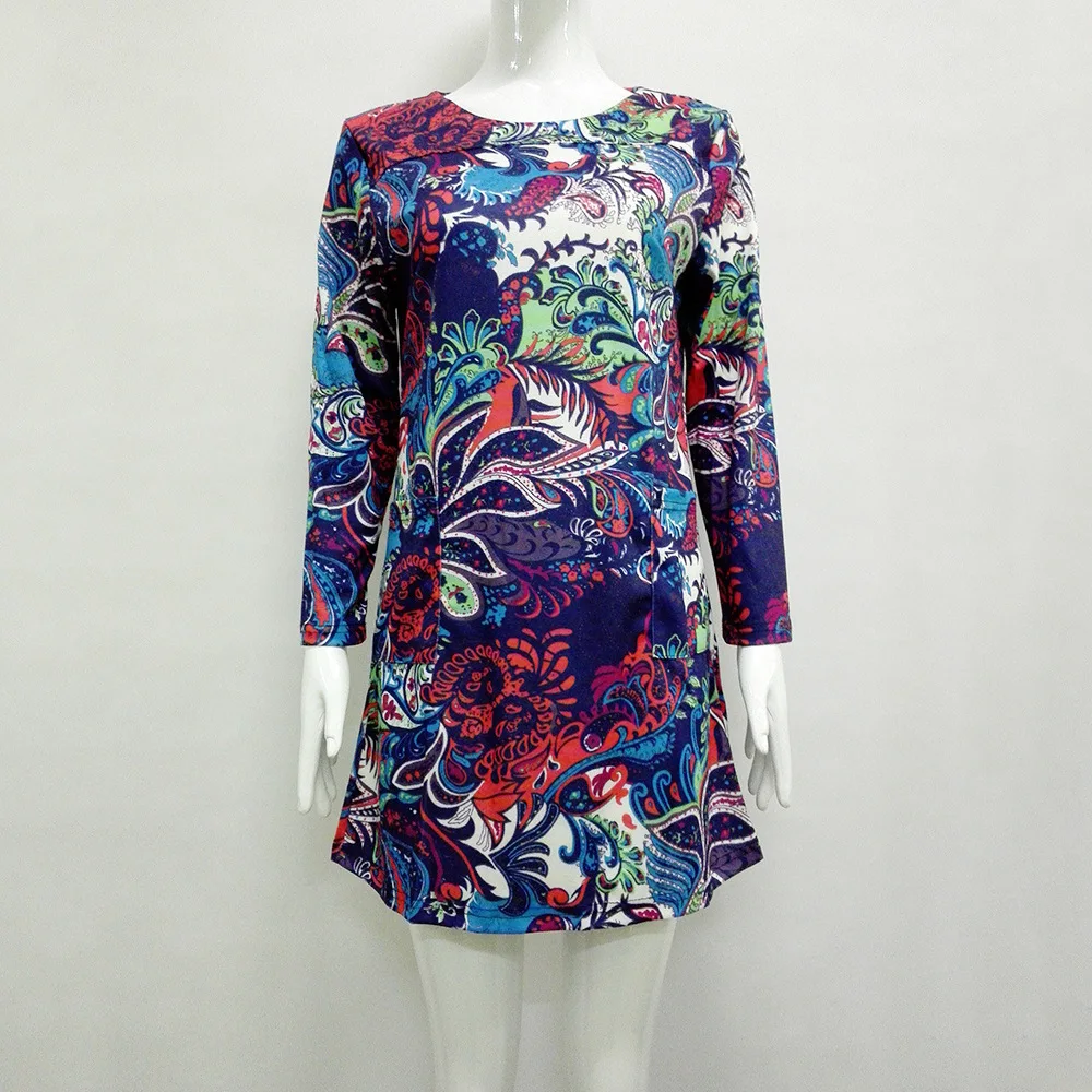New Women's Summer & Autumn O-neck A-line skirt classic long-sleeved printed dress