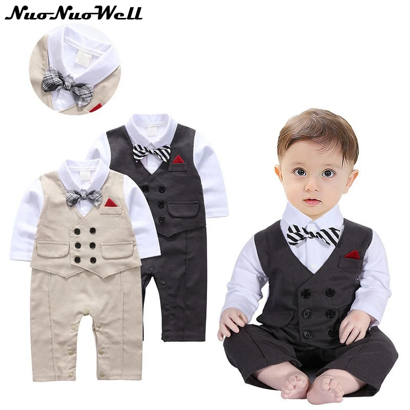 Infant Boy's Gentleman Romper With Bowtie Formal Baby Boy One Piece