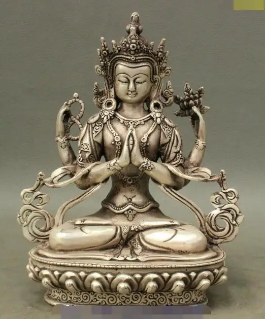 

S03832 8" Tibet Buddhist Silver 4 Hands Chenrezig Buddha Avalokiteshvara GuanYin Statue