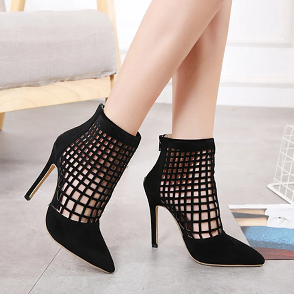 

Mesh Ankle Boots Woman Round Toe Black hollowed High Heel Strange High Heel Shoes Woman Short Boots Summer Sandals